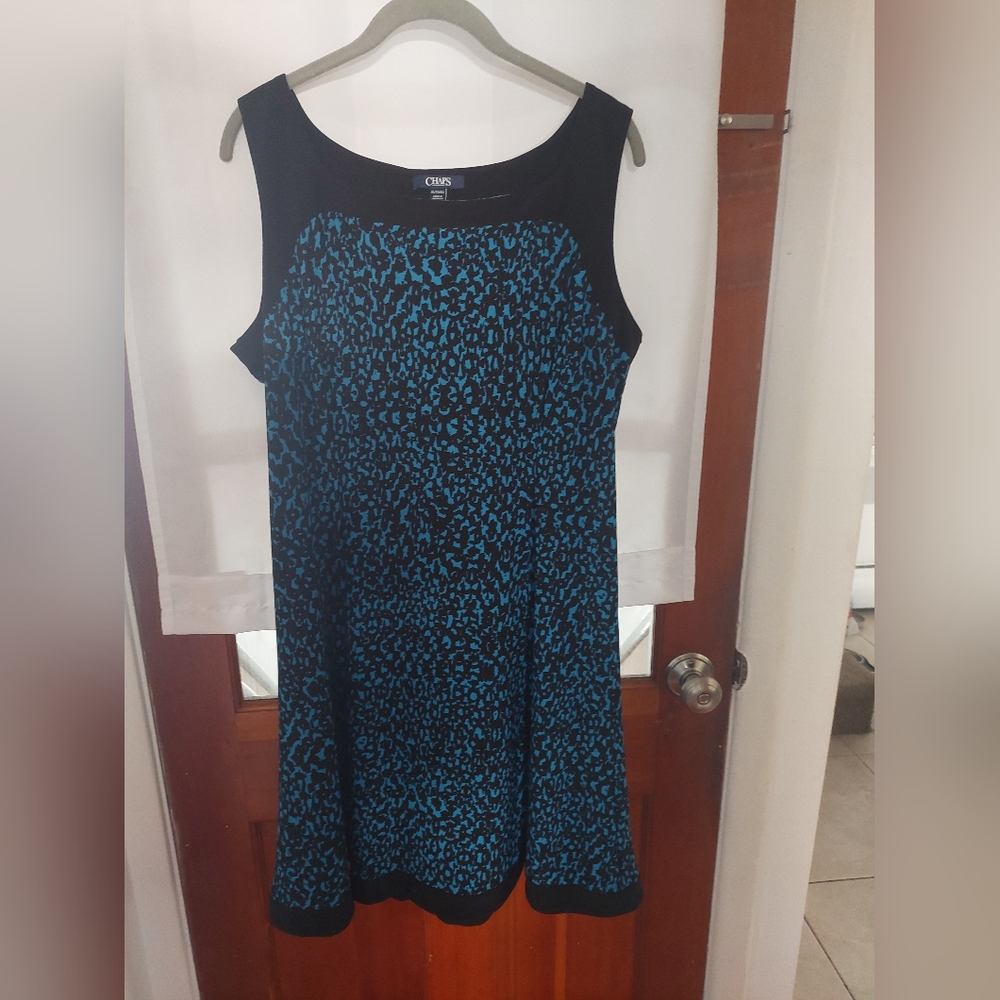 EUC Chaps A-line blue and black print dress XL